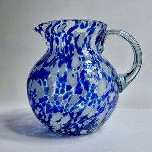 Larger Vintage Hand Blown Blue & White Spatter Handled Glass Pitcher